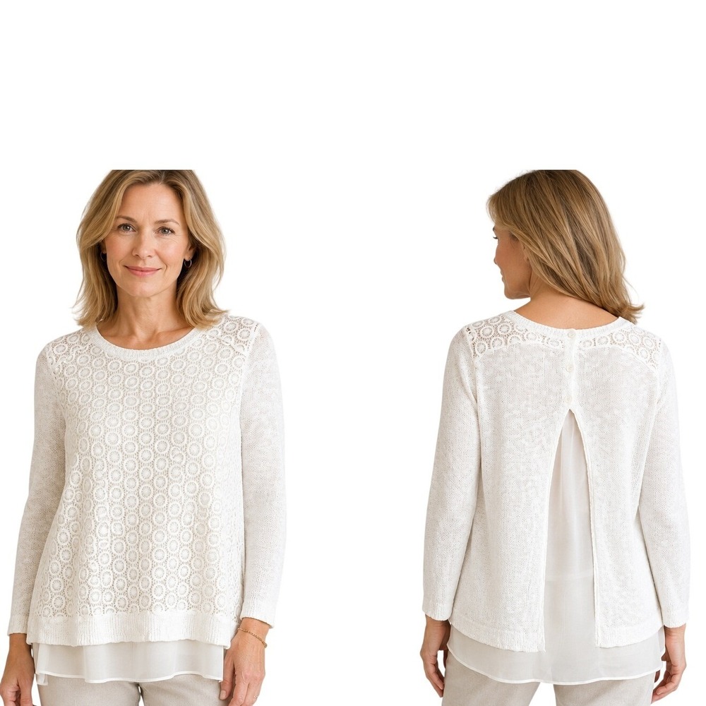 Lucky Brand Womens White Eyelet Lace Open Back Layered Linen Cotton Sweater M